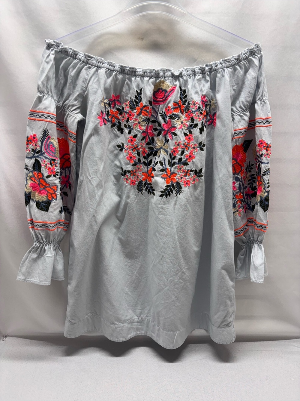 Free People Fleur Du Jour Gray Embroidered Mini Dress Off Shoulder Size Small